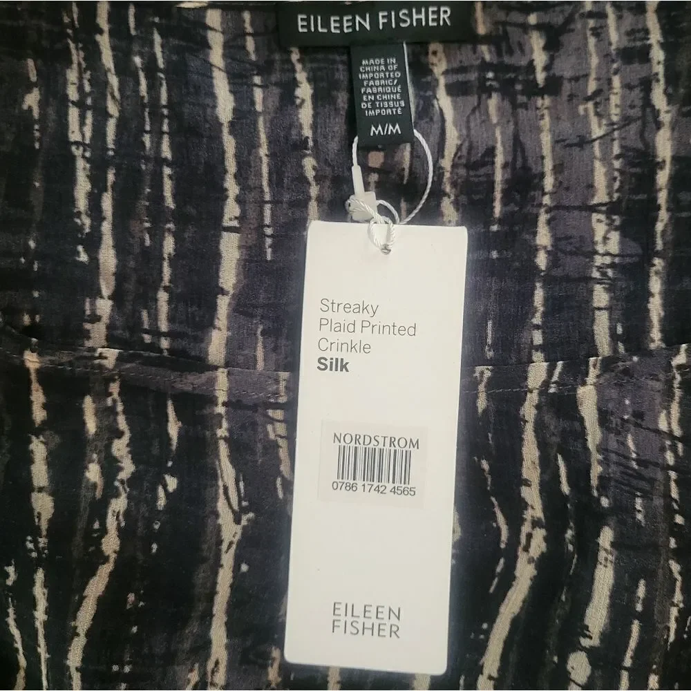 Eileen Fisher Streaky Plaid Printed Silk Crinkle Shell‎ Size Medium NWT